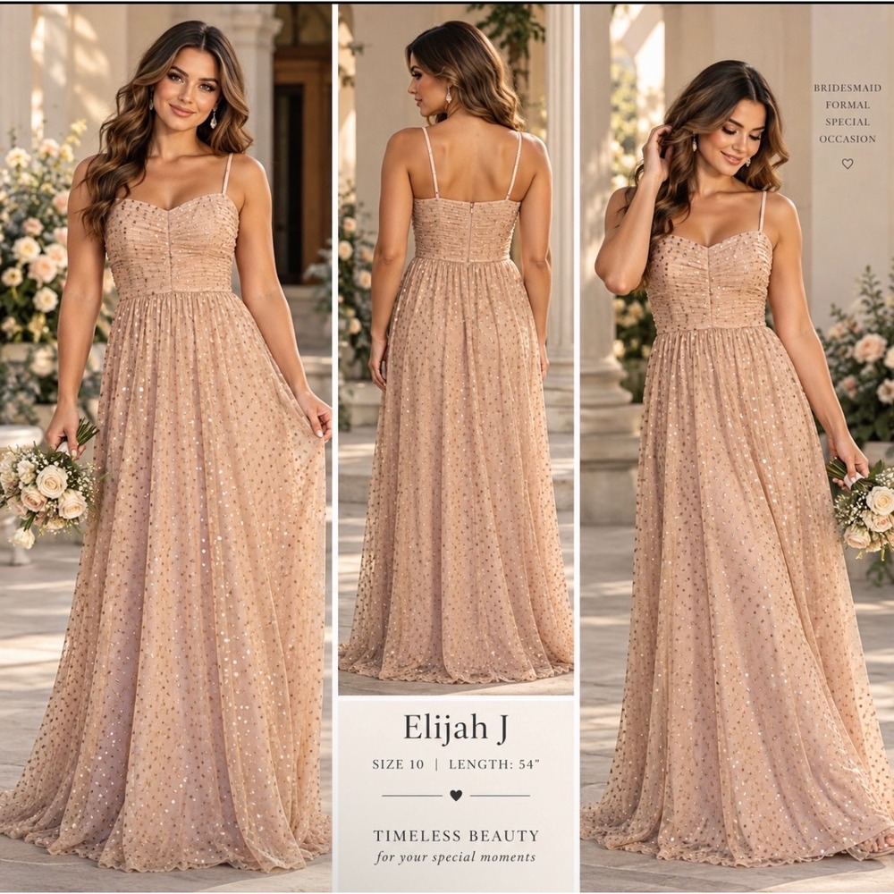 Eliza J Sequin Tulle Gown 10 Blush Champagne Ruched Bridesmaid Formal Maxi Gala